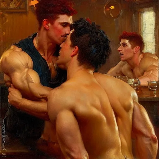 Prompt: attractive muscular male with red hair and muscular attractive male with black hair, drinking their hearts out, in a pub. very defined and highly detailed painting by gaston bussiere, j. c. leyendecker, craig mullins 8 k