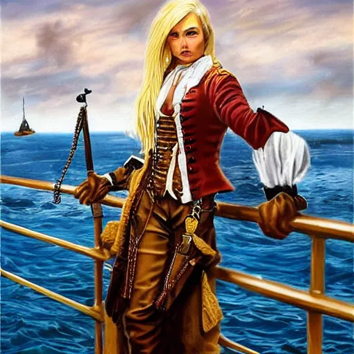 Prompt: a fierce, beautiful, friendly, calm, blonde, well - dressed, steampunk, covered, armed, pirate captain, standing on the deck of her ship gazing at the horizon through a spyglass ready for battle in 1 7 3 0, realistic, hd, award - winning painting