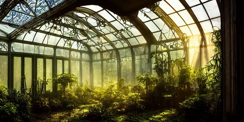 Prompt: long shot of a bright sun shining through an abandoned art nouveau interior of a glass conservatory, over grown botanical garden, atmospheric, ground mist, style of michael schwan, saatchi art, sharp, intricate detail,