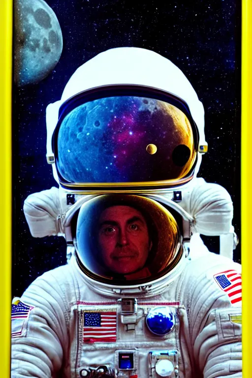 Prompt: extremely detailed portrait of space astronaut, holds iphone up to visor, reflection of iphone in visor, moon, alien, extreme close shot, soft light, award winning photo by david lachapelle
