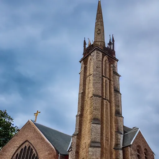 Image similar to a photograph of a church which has two spires sticking out of the tower at 45 degree angles