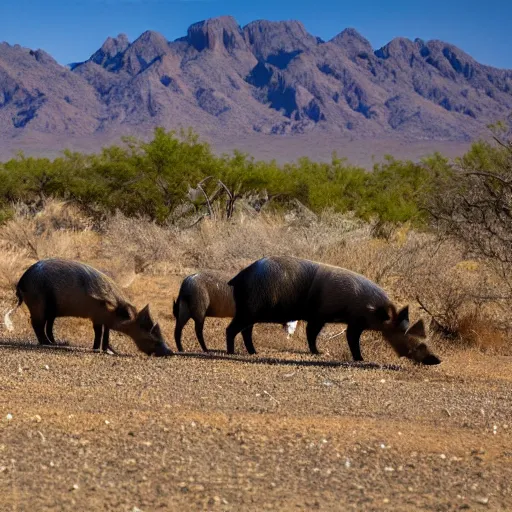 Image similar to photo of a pack of wild pigs, in the Texas desert, cactus, desert mountains, big bend, 50mm, beautiful photo,