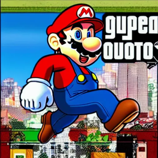 Prompt: Super Mario in GTA V, Cover art by Stephen Bliss, Boxart, loading screen