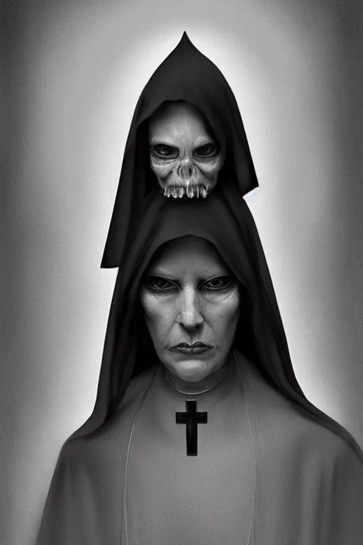 Image similar to portrait, digital painting, an evil nun, black habit, realistic, hyperdetailed, spooky, chiaroscuro, black background, concept art, art by jacek malczewski