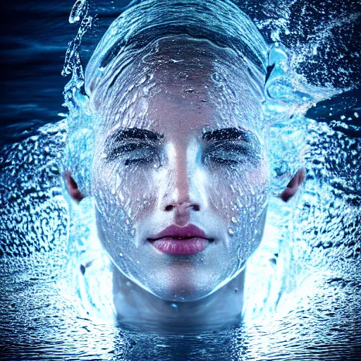 Prompt: water artwork manipulation in the shape of a human head, on the ocean water, ray tracing, realistic water sharp focus, long shot, 8 k resolution, cinematic, amazing water art, hyper - realistic