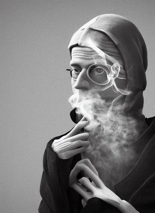 Image similar to an anthropomorphic beautiful male scientist portrait blowing smoke wearing black hoodie robe, binocular, fine art, award winning, intricate, elegant, sharp focus, octane render, hyperrealistic, wizard hat cinematic lighting, highly detailed, digital painting, 8 k concept art, art by jamie hewlett and z. w. gu, masterpiece, trending on artstation, 8 k