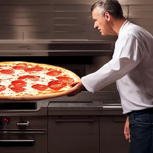 Image similar to A still of the Emperor making a pizza, 4k, photograph, ultra realistic, highly detailed, professional lighting