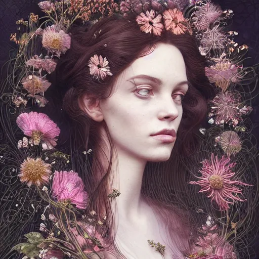 Image similar to portrait of a young pretty woman in flowing dress, arrogant, mysterious, long fine flowing hair, delicate, looking at camera, realistic face, intricate, stylish, elegant, grimdark, flowers, extremely detailed photograph by Martine Johanna and Ernst Haeckel and Greg Rutkowski