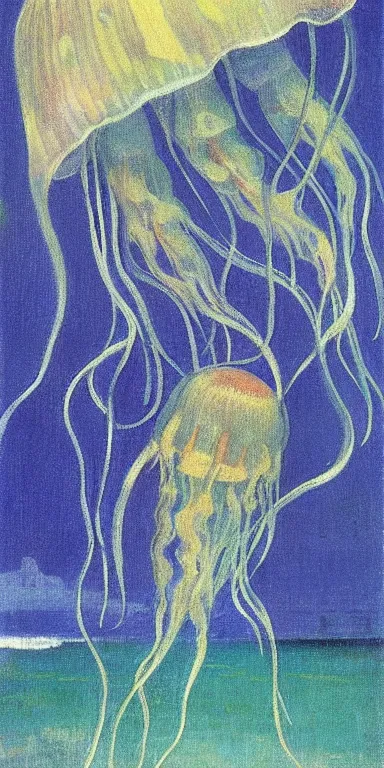 Image similar to jellyfish by paul gauguin, serene, calm, minimalist!!