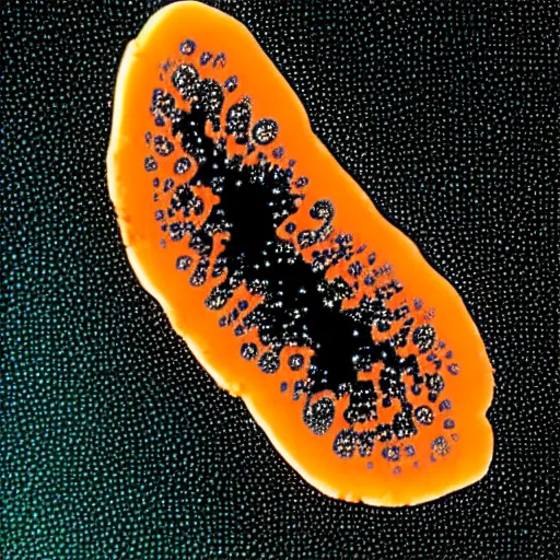 Prompt: microscopic petri dish photo of a transparent sectioned orange circular bacteria, microscopic photo, orange, dark black background, fluids inside! dream microscopic petri dish photo of a transparent sectioned blue - green rod - shaped flagellated bacteria, microscopic photo, orange, dark black background, fluids inside