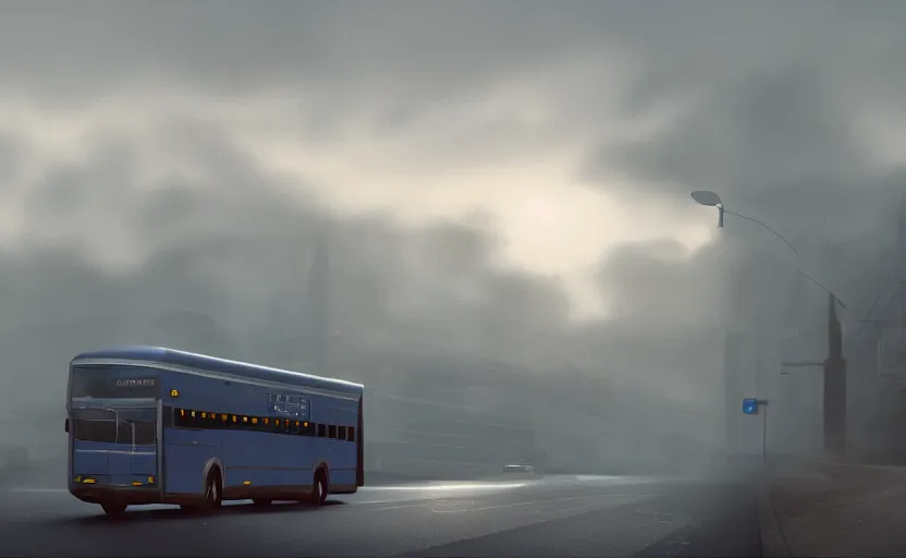 Image similar to exterior traveling greyhound bus circa 2 0 1 5, directed by charlie kaufman ( 2 0 0 1 ) anamorphic lenses, foggy volumetric light morning, cinematic trending on artstation in the style of greg rutkowski