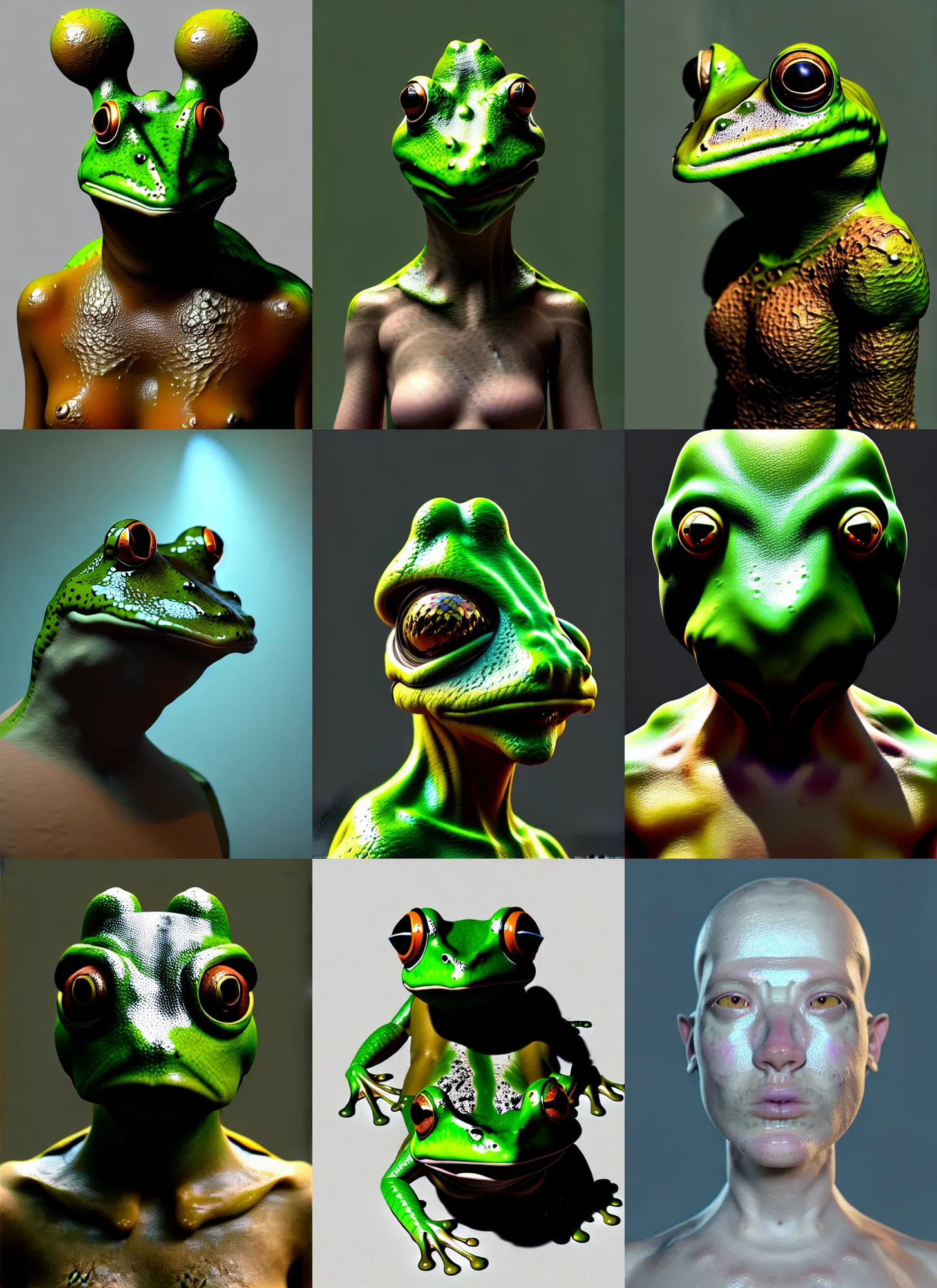 Prompt: frog head, natural light, dissolution filter ,turbulence filter, costume design made by nordic tribes, sophisticated composition, old masters light composition, artist reference images pose, procedurally generated, epic human character posing for concept art, beautiful creative space behind, substance designer, PBR, HD, Ultra detailed, hyperrealistic, megascans, volumetric light, concept by master artist, made in paint tool SAI2, trending pixiv face