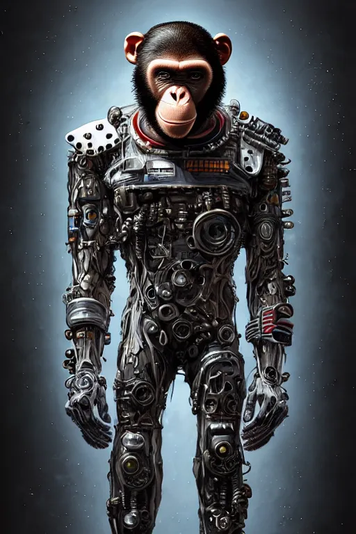 Image similar to a portrait of a muscular anthropomorphic cyberpunk chimp in spacesuit armor with ensignia on chest plate by sandra chevrier, by jon foster, detailed render, post - processing, extremely hyperdetailed, intricate, epic composition, cybernetics, 4 k realistic, cryengine, realistic shaded lighting, sharp focus, masterpiece, by enki bilal