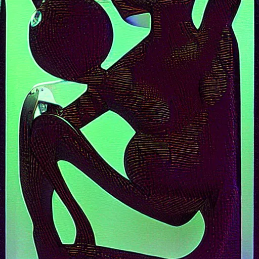 Prompt: A kinetic sculpture. A rip in spacetime. Did this device in her hand open a portal to another dimension or reality?! dark black, puce by Olexandr Archipenko, by Kelly Freas natural