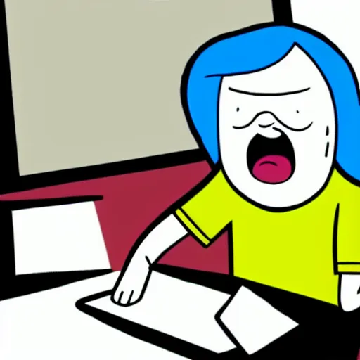 Image similar to a very animated tired person with bloodshot eyes and tongue out staring at the computer with growing desperation, adventure time animation style