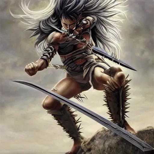 Image similar to realistic art style, warrior girl, wild spiky black saiyan hair, long spiky hair, electrified hair, holding scimitar made of bone, scimitar, sword, jagged sword, curved sword, orkish sword, colorized, gray skin, hyper - detailed, primeval fantasy, prehistoric fantasy, art by jacques - louis david