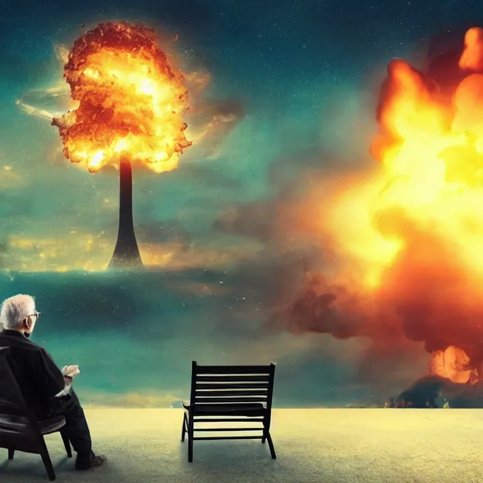 Image similar to cinematic movie, background blur bokeh, old man sitting in chair with black cat watching nuke explosion, world ending nuke, 4 k