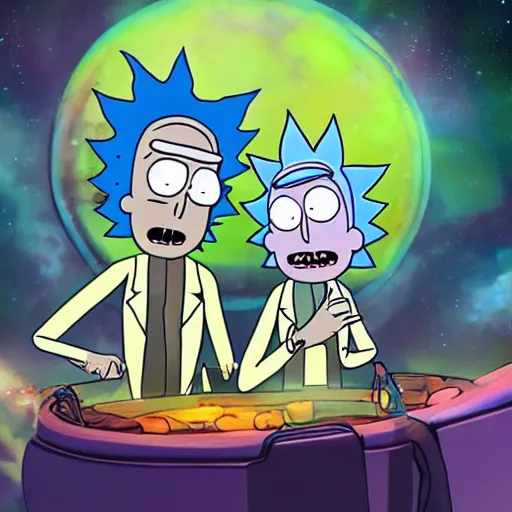 Image similar to rick sanchez and morty smith from rick and morty brewing a potion in space, amazing digital art, highly detailed