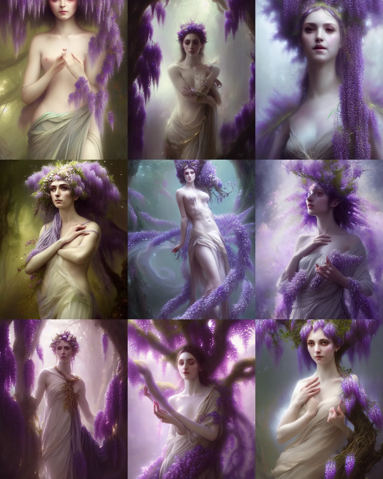 Image similar to Full View Portrait Mystical ethereal wisteria deity wearing beautiful dress, wisteria Dryad, 4k digital masterpiece by Greg Rutkowski and Ruan Jia and Alberto Seveso, fantasycore, Hyperdetailed, realistic oil on linen, soft lighting, Iconography background, featured on Artstation