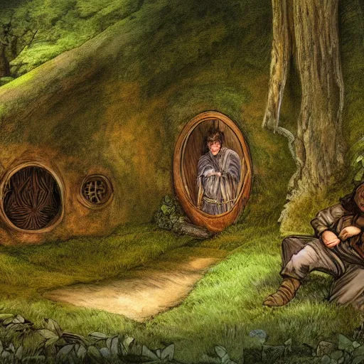 Image similar to frodo baggins in the shire surrounded by hobbit holes In the style of moebius, detailed 4k photograph, HDR, very detailed