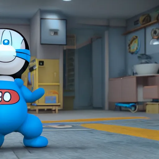 Image similar to Doraemon as terminator, unreal engine, uhd , 4k