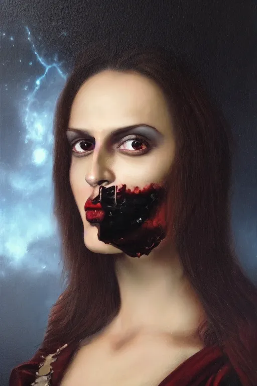 Image similar to hyperrealism oil painting, close - up portrait of european medieval brunette vampire fashion model, knight, steel gradient mixed with nebula sky, in style of baroque