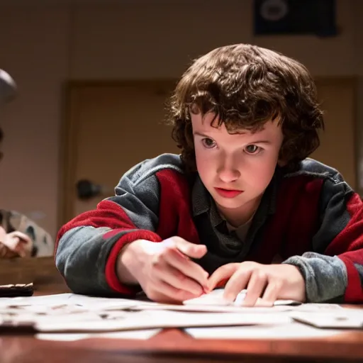 Prompt: professional photograph of will from stranger things playing dungeons and dragons, HD, 8K