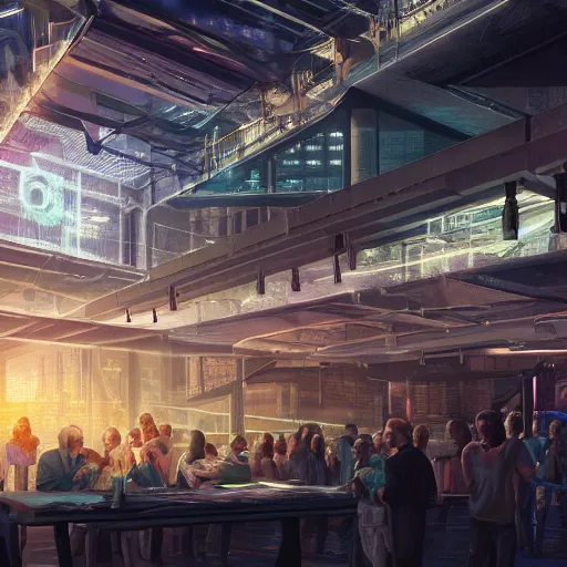 Image similar to large group people in a huge warehouse, gathered around a hologram of futuristic city on a table | cinematic concept art | godrays | 4 k | clear details | tabletop | tabletop | hologram foreground