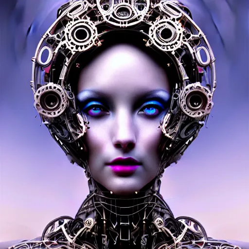 Image similar to portrait of the beautiful young robotic goddess of metal, surreal, fantasy, intricate, mechanical, elegant, dramatic lighting, emotionally evoking symbolic metaphor, highly detailed, gears, lifelike, photorealistic, digital painting, painterly, artstation, concept art, smooth, head in focus, sharp focus, illustration, art by John Collier and Krenz Cushart and Artem Demura and Alphonse Mucha and Albert Aublet,