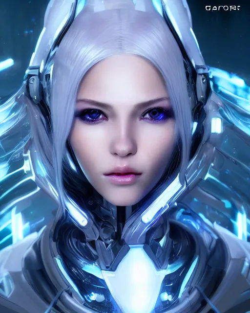 Image similar to perfect android girl on a mothership, warframe armor, beautiful face, scifi, futuristic, galaxy, nebula, raytracing, dreamy, long white hair, blue cyborg eyes, sharp focus, cinematic lighting, highly detailed, artstation, divine, by gauthier leblanc, kazuya takahashi, huifeng huang