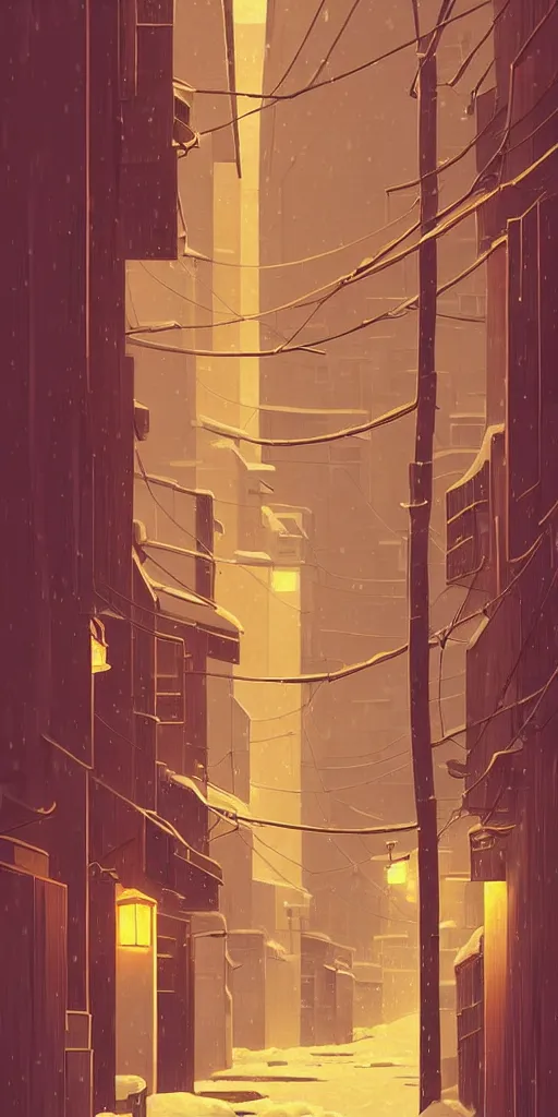 Image similar to tokyo alleyway, snowy day, lights, by cory loftis, makoto shinkai, hasui kawase, james gilleard, beautiful, serene, peaceful, lonely, golden curve composition