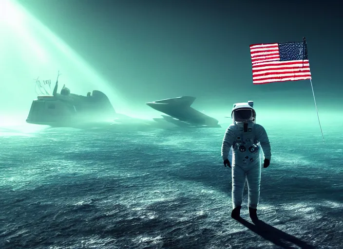 Image similar to astronaut holding a flag in an underwater desert. a submarine is visible in the distance. dark, concept art, cinematic, dramatic, atmospheric, 8 k, trending on artstation, blue, fish, low visibility, light rays, extremely coherent, bubbles, fog, ocean floor, christopher nolan, interstellar