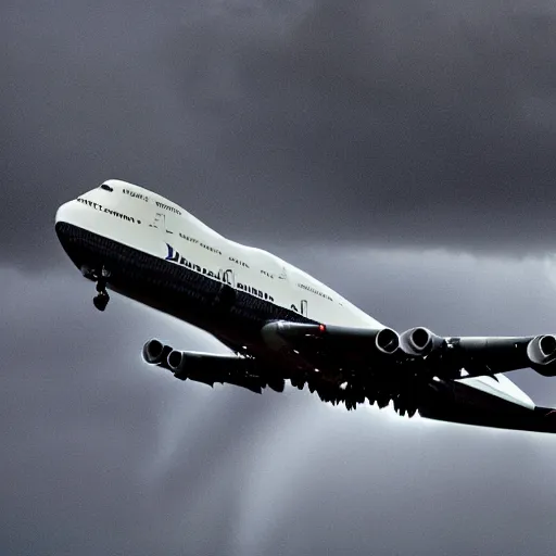 Prompt: a boeing 7 4 7 on final approach to line, stormy weather, rain, dramatic lighting, high detail