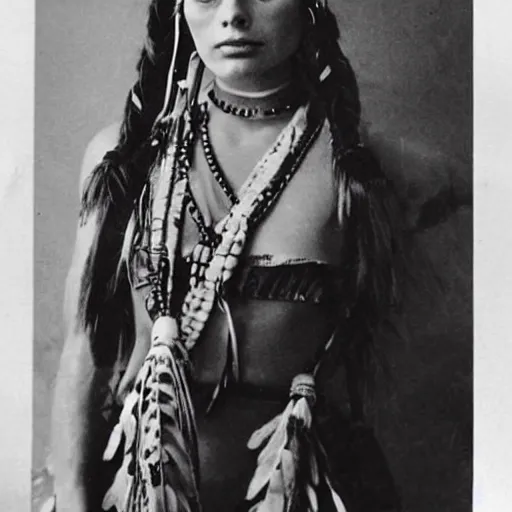 Image similar to margot robbie as a native american in the 1 8 0 0 s, photograph