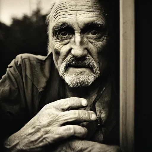 Image similar to portrait, extreme close up, sepia, beautiful light - dennis hopper, stares at the camera, night sky, stars, bruce gilden, leica s, fuji 8 0 0, grainy, low light