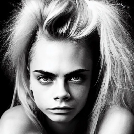 Prompt: photo of a gorgeous 20-year-old Cara Delevingne with 1990s hairstyle by Mario Testino, detailed, head shot, award winning, Sony a7R -