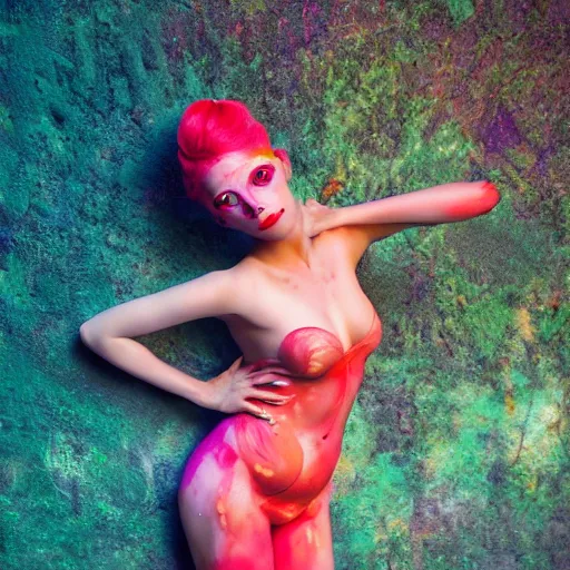Prompt: young woman in a coral nymph costume, striking a pose, intricate hairstyle, professional fluorescent body paint, full body portrait, portrait photography photography by Karel Saudek, Portra 400, high definition, large props, eye catching, award winning, 4K UHD