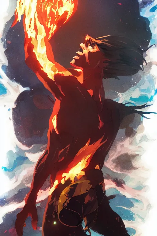 Prompt: the man touched by flames, pixiv fanbox, cinematic light, anime style, graphic novel by fiona staples and dustin nguyen, peter elson, alan bean, wangechi mutu, clean cel shaded vector art, trending on artstation