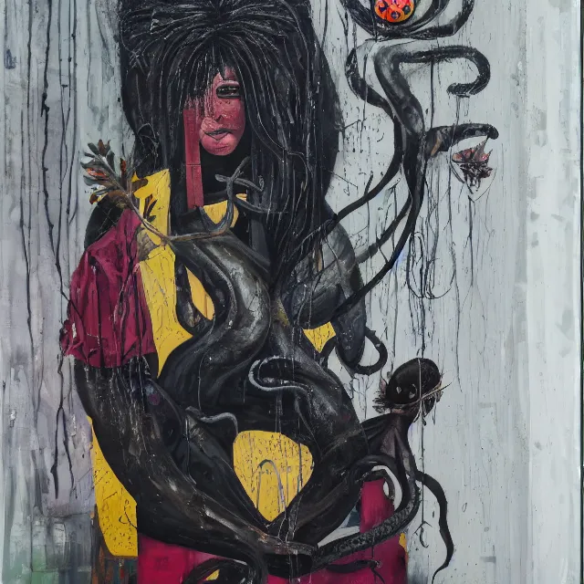 Prompt: a portrait in a dark apartment, rats, a widow holding an octopus, streetlamps, puddles, wild berries, ikebana, neo - expressionism, surrealism, acrylic and spray paint and oilstick on canvas