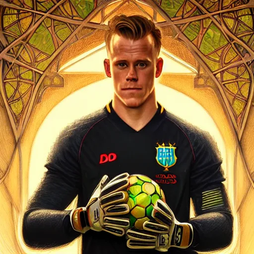 Image similar to Ter Stegen holding a bomb, goalkeeper, football pitch, D&D, fantasy, intricate, elegant, highly detailed, digital painting, artstation, concept art, matte, sharp focus, illustration, art by Artgerm and Greg Rutkowski and Alphonse Mucha