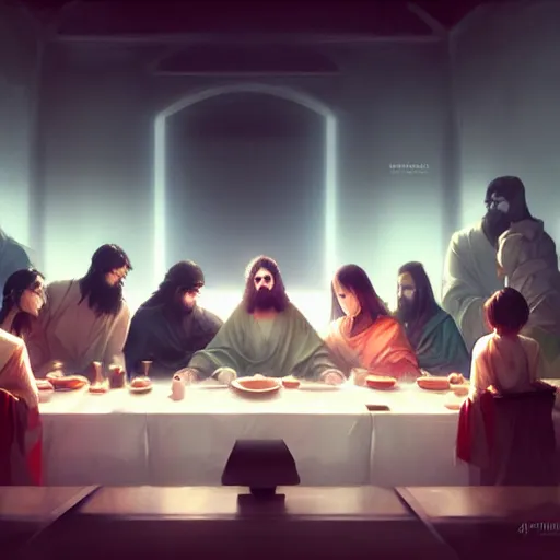 Prompt: the last supper 4 k, concept art, by wlop, ilya kuvshinov, artgerm, krenz cushart, greg rutkowski, pixiv. cinematic dramatic atmosphere, sharp focus, volumetric lighting, cinematic lighting, studio quality