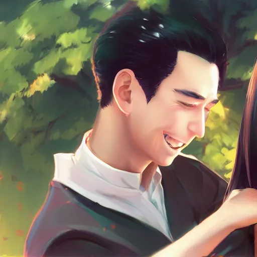 Image similar to photorealistic Joe Biden meets a beautiful smiling anime girl with black hair and hime cut sitting under a tree, Stanley Artgerm Lau, WLOP, Rossdraws, Ilya Kuvshinov, artstation