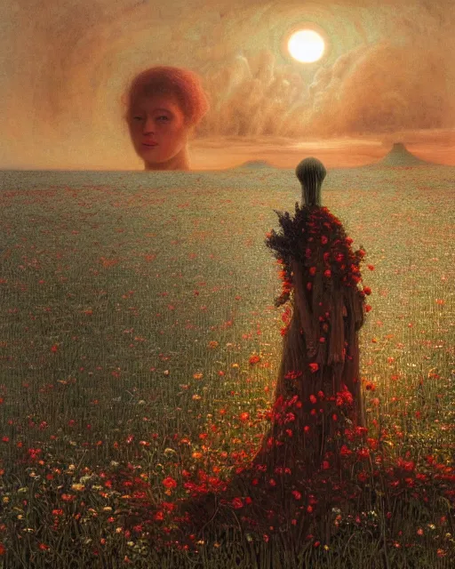 Image similar to A portrait of a woman wearing clothes made out of dying flowers, nuclear explosion in the background, Masterpiece, deep black skin, glowing, wires everywhere, by Edgar Maxence and Ross Tran, Zdzisław Beksiński, and Michael Whelan, distant, gustav dore, H.R. Giger, 8k, octane render