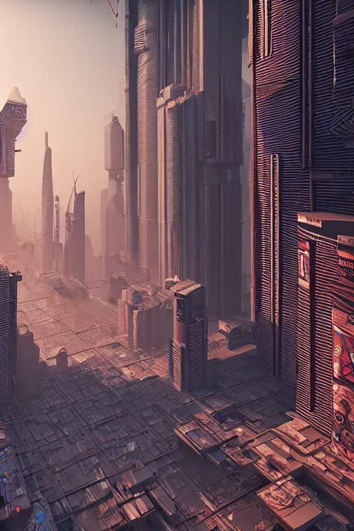 Prompt: high quality 3 d render cyberpunk mumbai!, daytime, madhubani highly detailed, cinematic smooth unreal engine, lee madgwick & yuto yamada, dramatic light, long shot, low angle, uhd 8 k, sharp focus