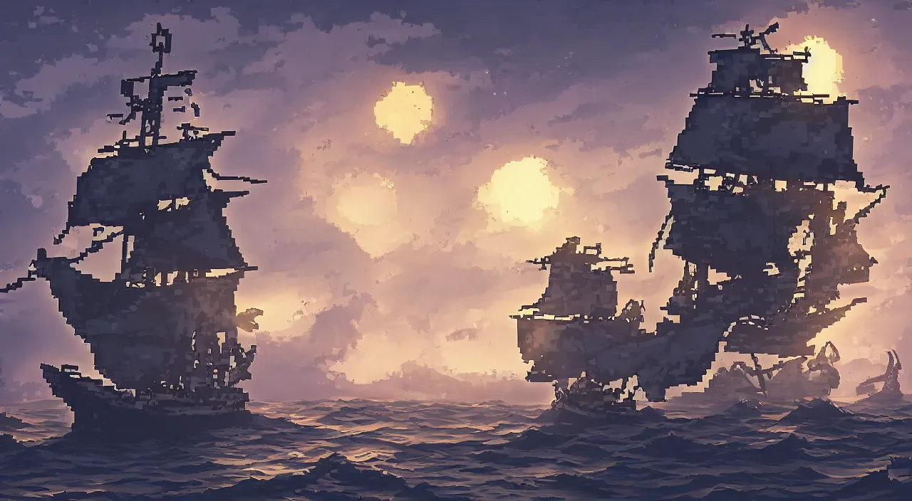 Image similar to Pixelart of a ghost pirate ship with a Jolly Roger flag, volumetric lighting, digital pixel art, pixiv, by Aenami