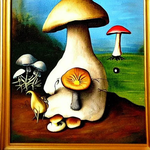 Image similar to a painting of a cute creature sitting next to a mushroom, detailed, realistic, in style of hieronymus bosch