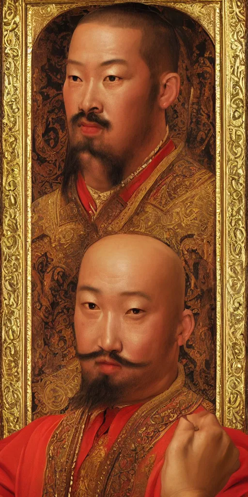 Image similar to Highly detailed and cinematic Renaissance period portrait oil painting Kublai Khan, an oil painting ((masterpiece)) by ((Josep Tapiró Baró)), dynamic lighting, 8K