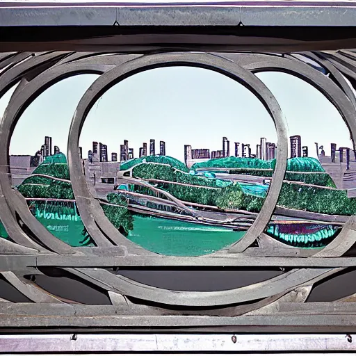 Image similar to placid carboniferous by john philip falter. a installation art of a cityscape. the installation art shows a view from an elevated train line of the city below.