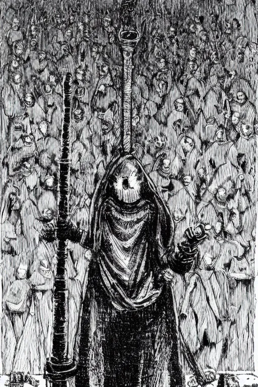 Prompt: portrait of heretic inquisitor holding a golden staff, ghosts in the background, style by masahiro ito