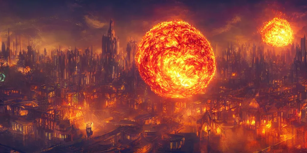 Image similar to fantasy city at night while giant ball of fire crashes to the ground, surreal, digital art, concept art, highly detailed, trending on artstation